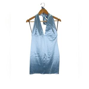 Forever 21 Plunging Satin Halter Backless Bow Tie Mini Dress Blue Size Large
